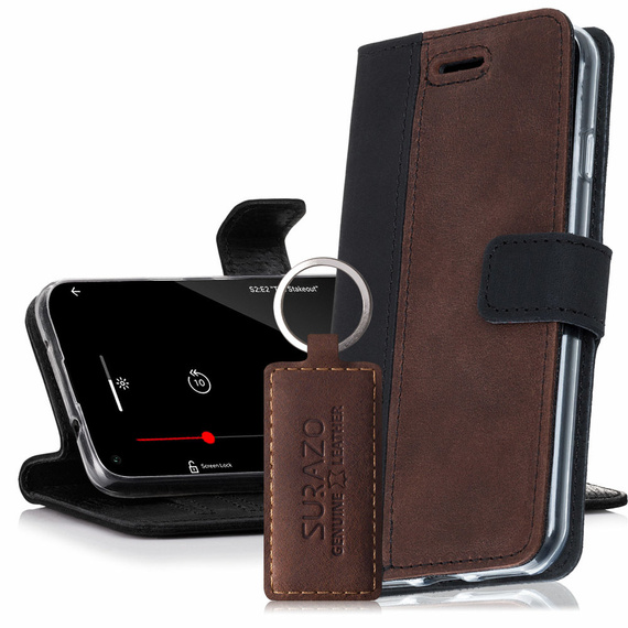 Skórzane etui na telefon Wallet case Duo - Nubuk Czarny i Orzechowy - TPU Transparentne