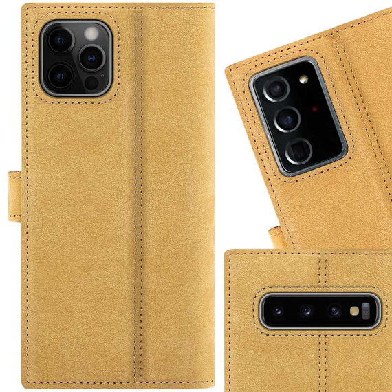 Skórzany pokrowiec na smartfon RFID Portfel z Klapką Premium - Nubuk Camel - TPU Czarne