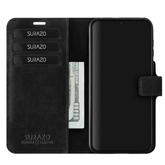 Etui ze skóry naturalnej na smartfon RFID Prestiż - Nubuk Czarny - TPU Czarne