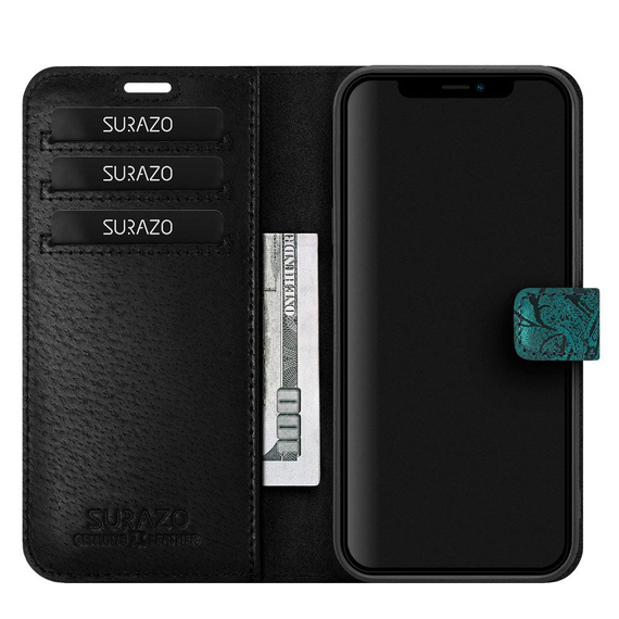 Skórzane etui na telefon RFID Wallet case - Ornament Turkusowy - TPU Czarne