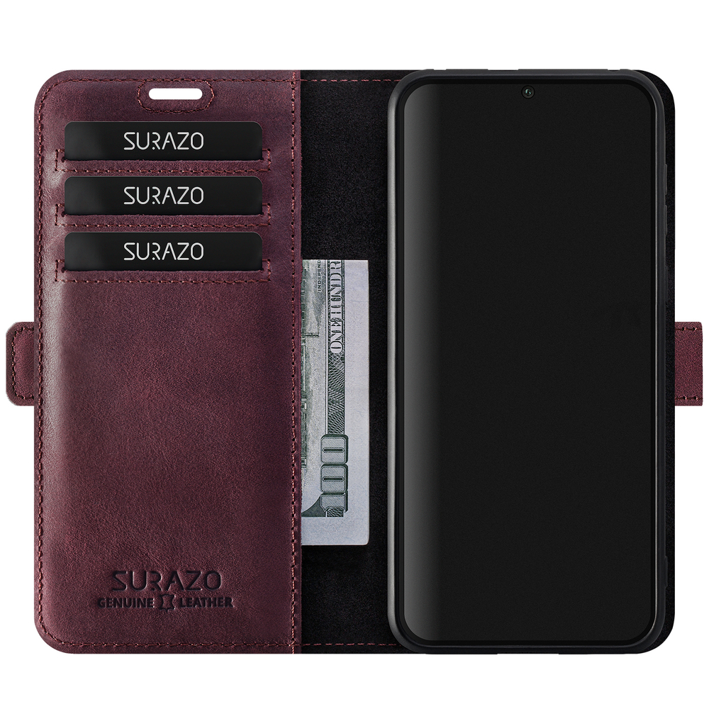 SURAZO Premium MJ - Skórzane Etui Na Smartphone Portfel z Klapką - Burgund + Łapa